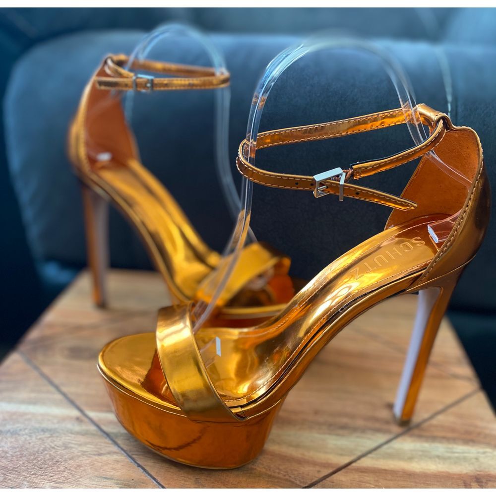 Schutz Cadey-Lee Orange/Copper metallic Platform Stiletto Ankle Strap Heels